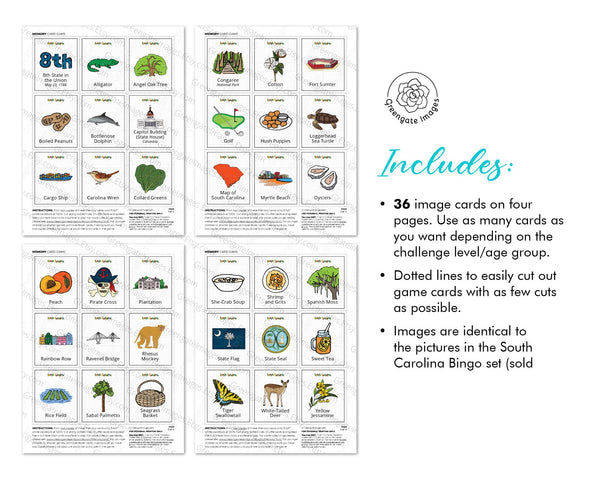 South Carolina Memory Game - PRINTABLE downloadable activity PDF. Matching game. 36 picture cards representing symbols/aspects of US state.