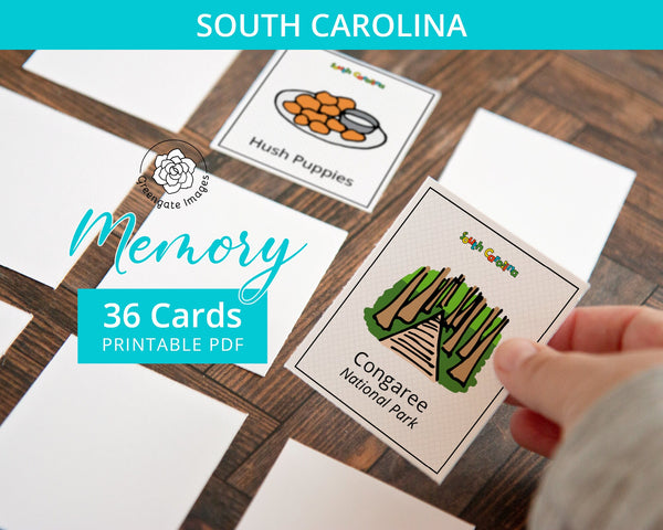 South Carolina Memory Game - PRINTABLE downloadable activity PDF. Matching game. 36 picture cards representing symbols/aspects of US state.