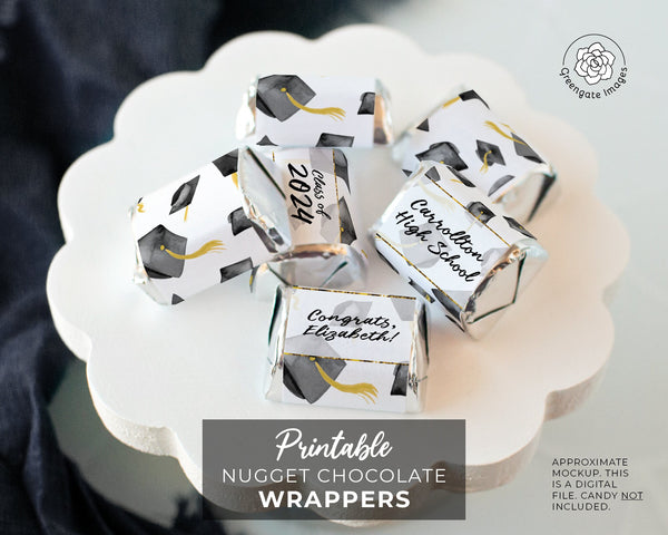 Black Cap Graduation Nugget Wrappers - PRINTABLE/fillable PDF download for wrapping Hershey Chocolate Candy. Print on address label sticker.