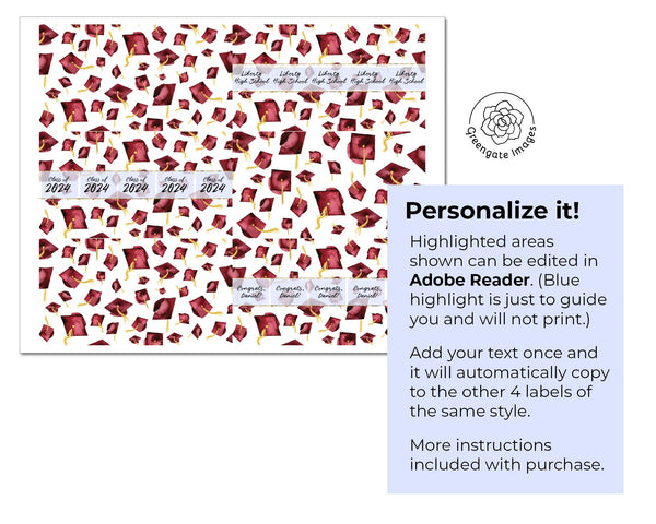 Burgundy Graduation Nugget Wrappers - PRINTABLE/fillable PDF download for wrapping Hershey Chocolate Candy. Print on address label sticker.