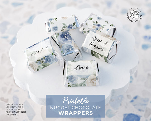 Dusty Blue Nugget Wrapper - PRINTABLE/fillable PDF download for wrapping chocolate wedding chocolate candy. Print on address label stickers.