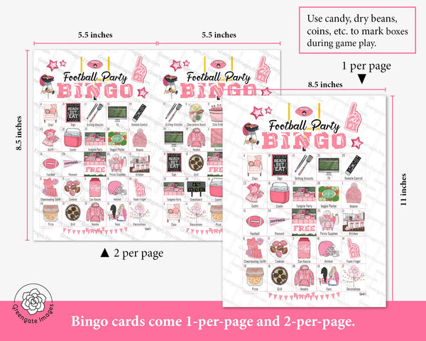 PINK Football Party Bingo - 50 PRINTABLE unique cards. Instant download PDF. Kids teenage girls, women. Ladies' draft halftime activity.
