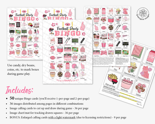 PINK Football Party Bingo - 50 PRINTABLE unique cards. Instant download PDF. Kids teenage girls, women. Ladies' draft halftime activity.