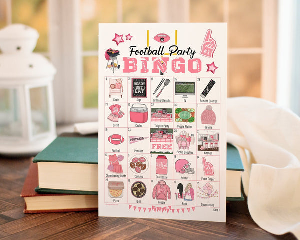 PINK Football Party Bingo - 50 PRINTABLE unique cards. Instant download PDF. Kids teenage girls, women. Ladies' draft halftime activity.