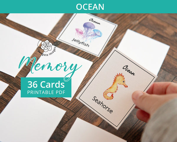 Ocean Memory Game - PRINTABLE downloadable activity PDF. Matching game. 36 picture cards representing marine life and beach/sea elements.