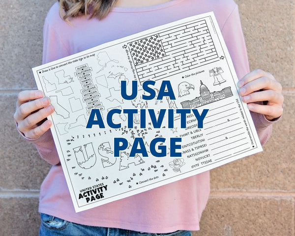 United States Activity Page - Instant download PDF games for kids. Patriotic word scramble, maze, dot-to-dot 8.5x11" coloring placemat.