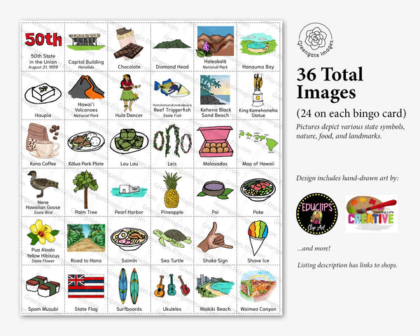 Hawaii Bingo Cards - 50 PRINTABLE unique cards download instantly. Fun HI state activity for kids-seniors. Educational homeschool game.