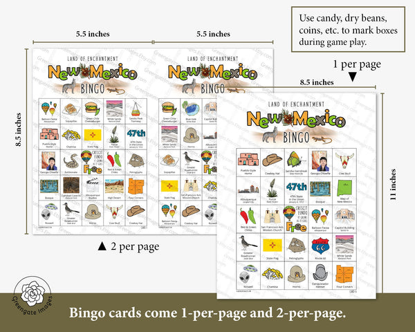 New Mexico Bingo Cards - 50 PRINTABLE unique cards download instantly. Fun NM state activity for kids-seniors. Educational homeschool game.