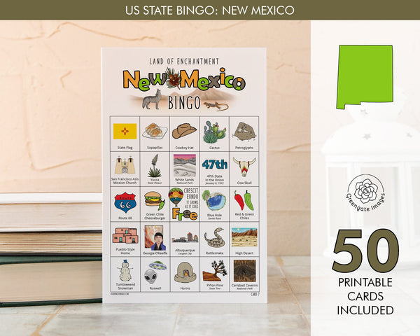 New Mexico Bingo Cards - 50 PRINTABLE unique cards download instantly. Fun NM state activity for kids-seniors. Educational homeschool game.