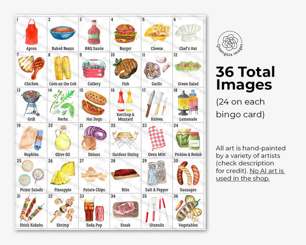 BBQ Bingo - 50 PRINTABLE unique cards. Instant digital download PDF. Fun game/activity idea for barbecues, camping, church picnics, & more.