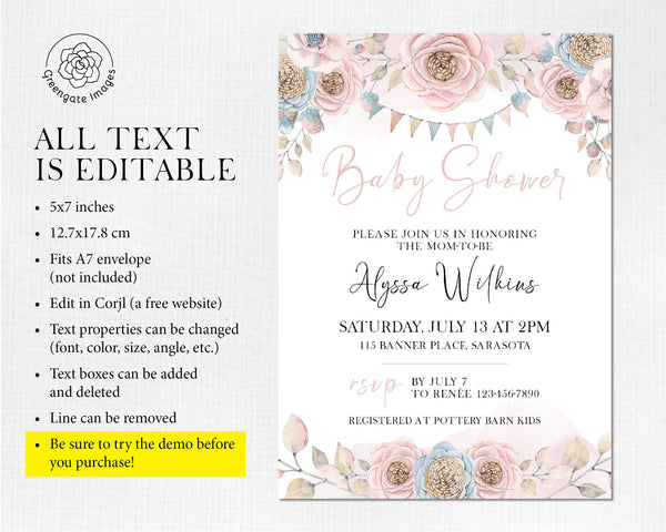 Baby Shower Invitation - Template Download. Edit in your browser on Corjl.com. 5x7 invite w/ pink boho flowers to match baby girl bingo set.