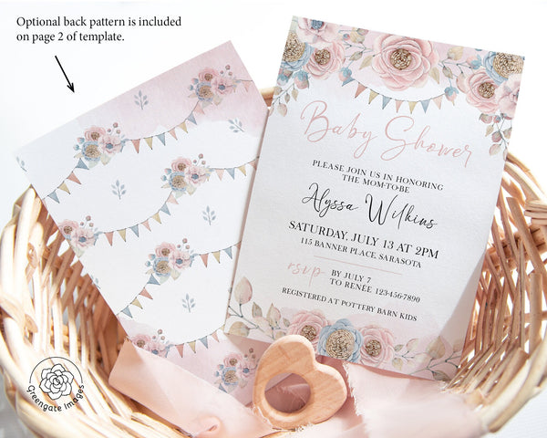 Baby Shower Invitation - Template Download. Edit in your browser on Corjl.com. 5x7 invite w/ pink boho flowers to match baby girl bingo set.