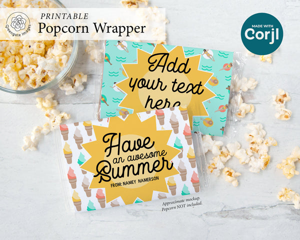 Summer Popcorn Wrapper Duo - PRINTABLE microwave popcorn wrapper that you can customize in Corjl. Use your browser to personalize.