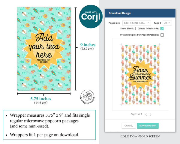 Summer Popcorn Wrapper Duo - PRINTABLE microwave popcorn wrapper that you can customize in Corjl. Use your browser to personalize.