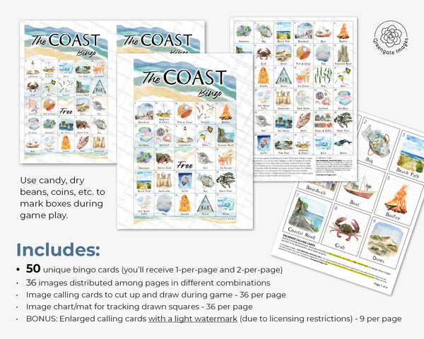 Coastal Bingo - 50 PRINTABLE unique cards. Instant digital download PDF. Beautiful artwork for trips to the cold beaches of the West Coast.