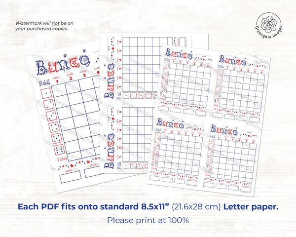 Bunco Scorecard Set - PRINTABLE digital download PDF w/tally sheet & table number cards. Party game, large group activity, 4th of July idea.