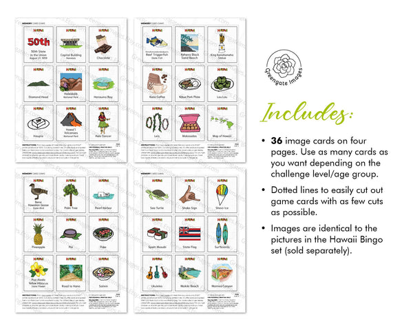 Hawaii Memory Game - PRINTABLE downloadable activity PDF. Matching game. 36 picture cards representing symbols & aspects of the US state.