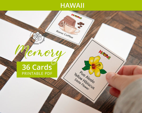 Hawaii Memory Game - PRINTABLE downloadable activity PDF. Matching game. 36 picture cards representing symbols & aspects of the US state.