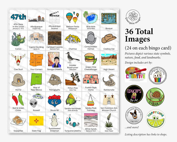 New Mexico Bingo Cards - 50 PRINTABLE unique cards download instantly. Fun NM state activity for kids-seniors. Educational homeschool game.