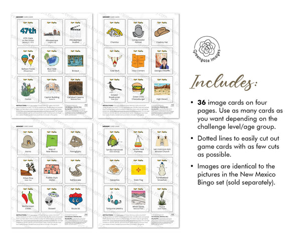 New Mexico Memory Game - PRINTABLE downloadable activity PDF. Matching game. 36 picture cards representing symbols & aspects of a US state.