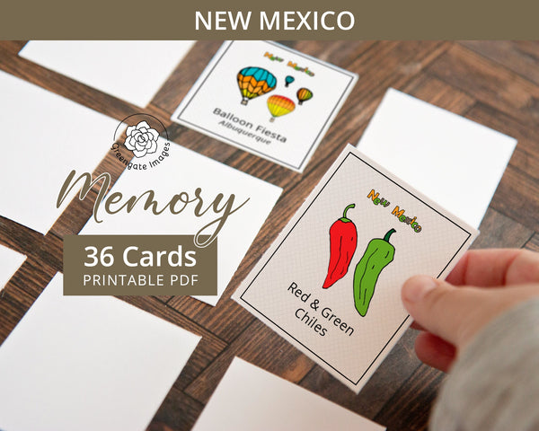 New Mexico Memory Game - PRINTABLE downloadable activity PDF. Matching game. 36 picture cards representing symbols & aspects of a US state.