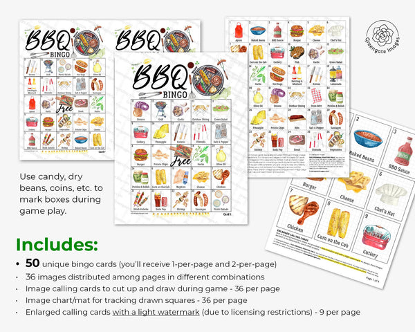 BBQ Bingo - 50 PRINTABLE unique cards. Instant digital download PDF. Fun game/activity idea for barbecues, camping, church picnics, & more.