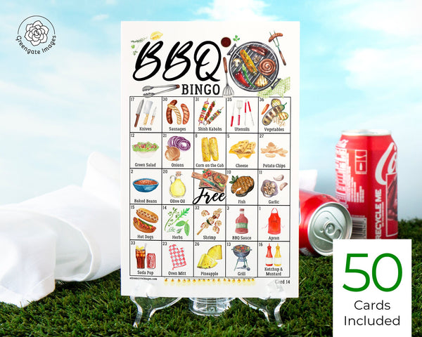 BBQ Bingo - 50 PRINTABLE unique cards. Instant digital download PDF. Fun game/activity idea for barbecues, camping, church picnics, & more.