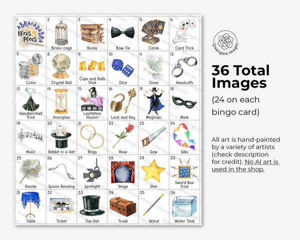 Magic Show Bingo - 50 PRINTABLE unique cards. Instant digital download PDF. Fun, cute activity for magician and illusionist themed events.