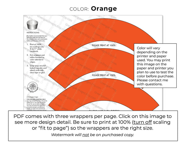 Solid Orange Cupcake Wrapper - PRINTABLE digital download PDF. Classic pumpkin-colored sleeve for baked cupcakes. More colors available.