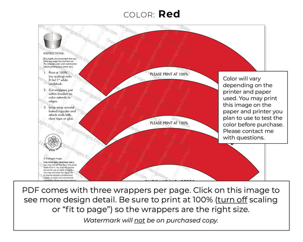 Solid Red Cupcake Wrapper - PRINTABLE digital download PDF. Classic bold red sleeve for baked cupcakes. More colors available.