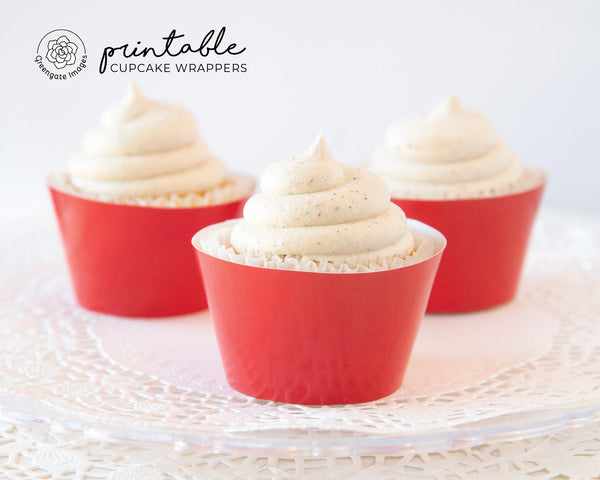 Solid Red Cupcake Wrapper - PRINTABLE digital download PDF. Classic bold red sleeve for baked cupcakes. More colors available.