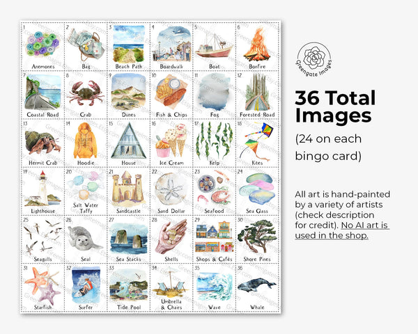 Coastal Bingo - 50 PRINTABLE unique cards. Instant digital download PDF. Beautiful artwork for trips to the cold beaches of the West Coast.