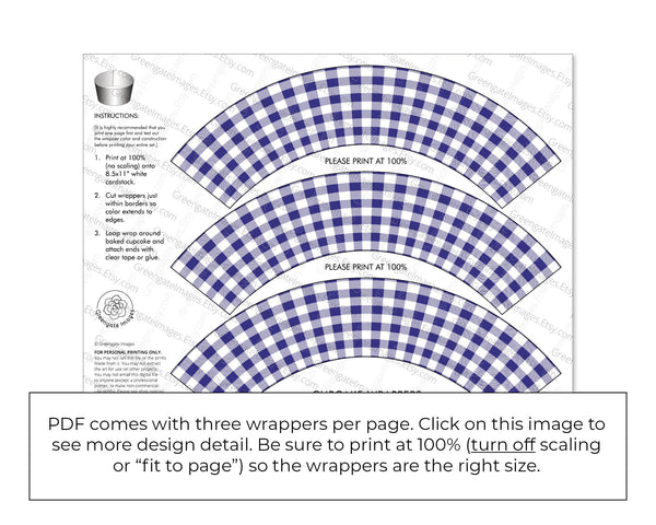 Indigo Gingham Cupcake Wrappers - Printable Digital Download by Greengate Images