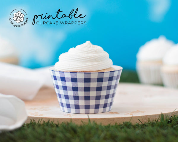 Indigo Gingham Cupcake Wrappers - Printable Digital Download by Greengate Images