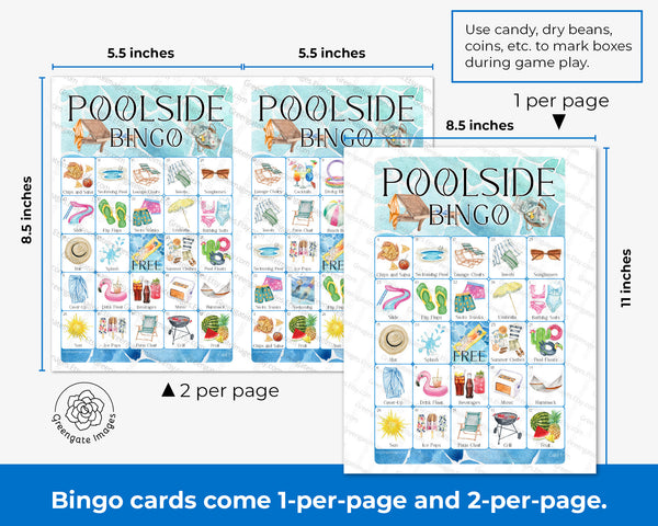 Poolside Bingo - 50 PRINTABLE unique cards. Grownup/adult swim party game idea. Backyard BBQ picnic swimming pool party. Prefilled with art.