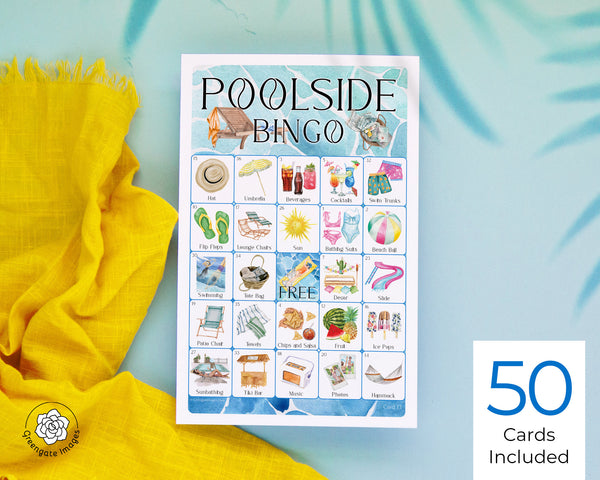 Poolside Bingo - 50 PRINTABLE unique cards. Grownup/adult swim party game idea. Backyard BBQ picnic swimming pool party. Prefilled with art.