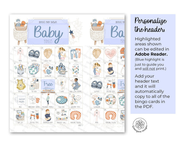 Blue & Orange Baby Bingo - 50 PRINTABLE different unique cards PDFs. Personalize header/title text using Adobe Reader. Cute hand-drawn art.