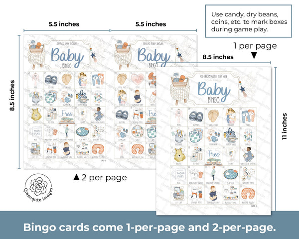 Blue & Orange Baby Bingo - 50 PRINTABLE different unique cards PDFs. Personalize header/title text using Adobe Reader. Cute hand-drawn art.