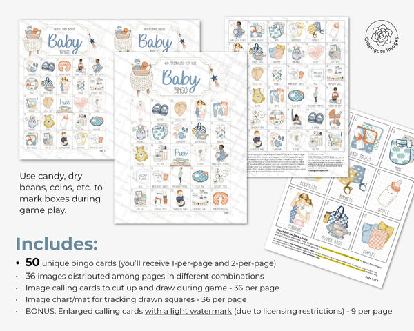 Blue & Orange Baby Bingo - 50 PRINTABLE different unique cards PDFs. Personalize header/title text using Adobe Reader. Cute hand-drawn art.