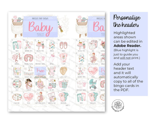 Pink & Aqua Baby Girl Bingo - Personalizable - Printable Digital Download by Greengate Images