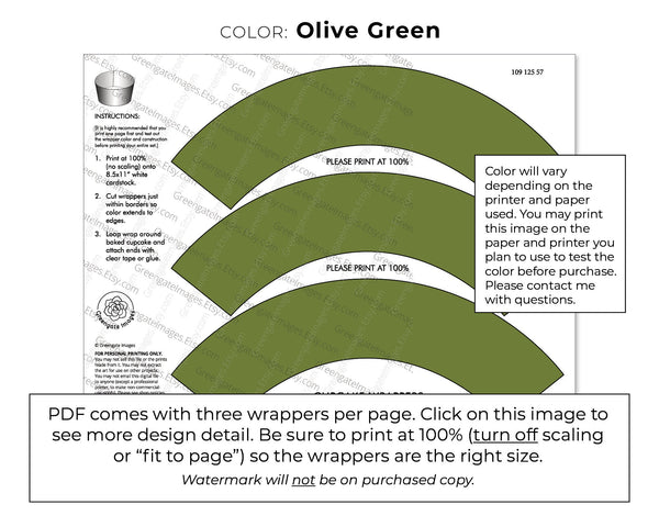 Solid Olive Green Cupcake Wrapper - PRINTABLE digital download PDF. Army solid-colored sleeve for baked cupcakes. More colors available.