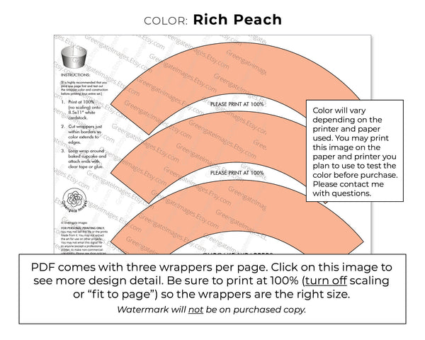 Solid Rich Peach Cupcake Wrapper - PRINTABLE digital download PDF. Light medium orange sleeve for baked cupcakes. More colors available.