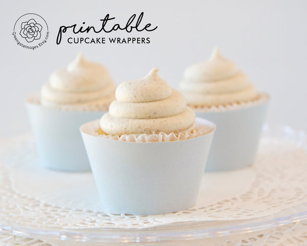 Solid Pale Gray Cupcake Wrapper - PRINTABLE digital download PDF. Light cloud gray sleeve for baked cupcakes. More colors available.