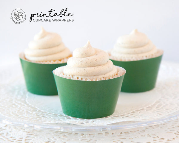 Solid Green Cupcake Wrapper - PRINTABLE digital download PDF. Classic emerald bottle green sleeve for baked cupcakes. More colors available.