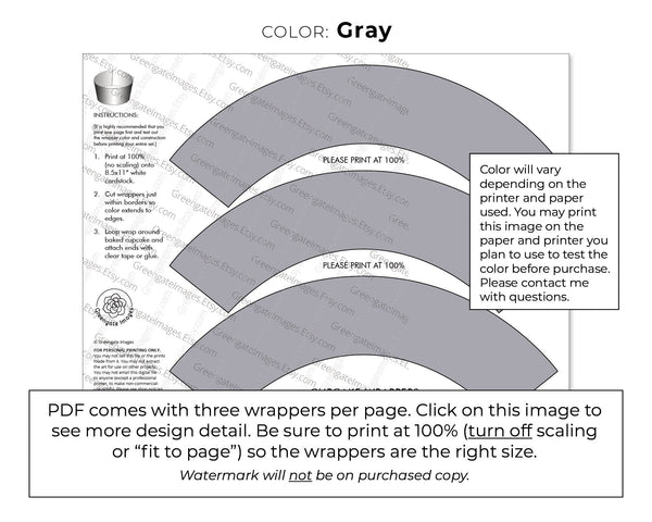 Solid Gray Cupcake Wrapper - PRINTABLE digital download PDF. Storm cloud medium steel-gray sleeve for baked cupcakes. More colors available.