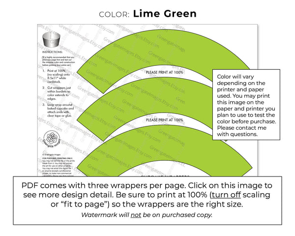 Solid Lime Green Cupcake Wrapper - PRINTABLE digital download PDF. Chartreuse yellow-green sleeve for baked cupcakes. More colors available.