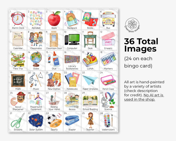 Back to School Bingo (Elementary) - 50 PRINTABLE unique cards. Instant digital download PDF. Fun, cute activity idea for students/classroom.