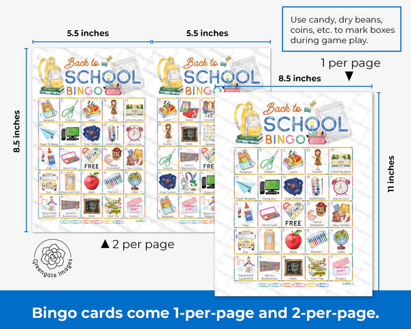 Back to School Bingo (Elementary) - 50 PRINTABLE unique cards. Instant digital download PDF. Fun, cute activity idea for students/classroom.