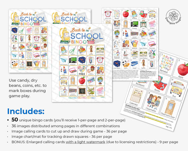 Back to School Bingo (Elementary) - 50 PRINTABLE unique cards. Instant digital download PDF. Fun, cute activity idea for students/classroom.