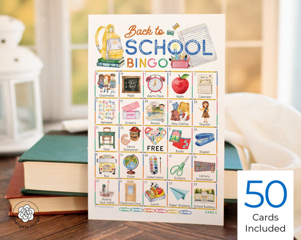 Back to School Bingo (Elementary) - 50 PRINTABLE unique cards. Instant digital download PDF. Fun, cute activity idea for students/classroom.